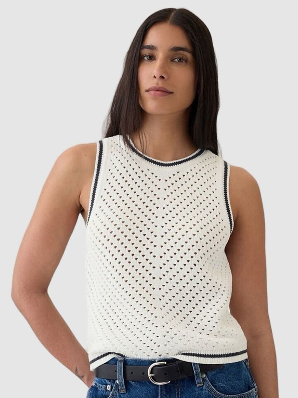 GAP new crochet Sleeveless Sweater Vest white navy Trim NWT